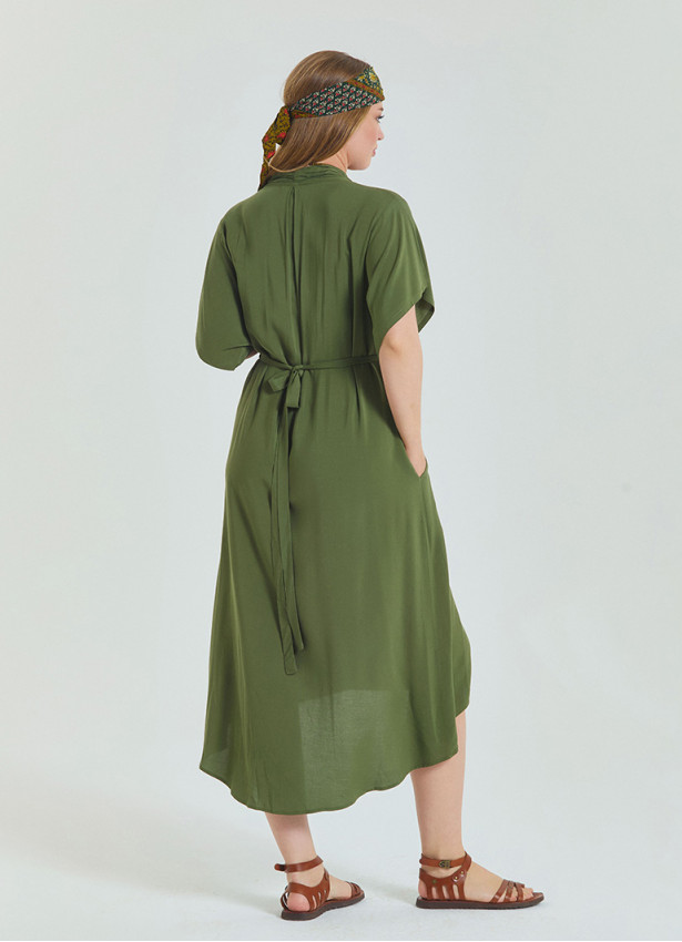 V Neck Pleated Detail Khaki Casual Plus Size Dress 4607